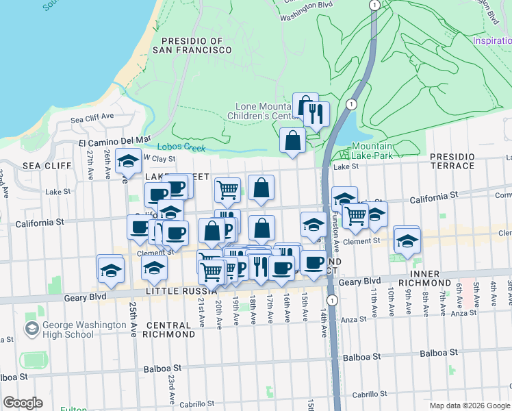 map of restaurants, bars, coffee shops, grocery stores, and more near 5522 California Street in San Francisco