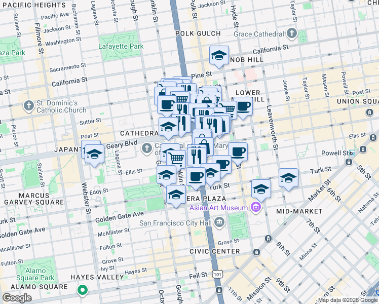 map of restaurants, bars, coffee shops, grocery stores, and more near 236 Myrtle Street in San Francisco