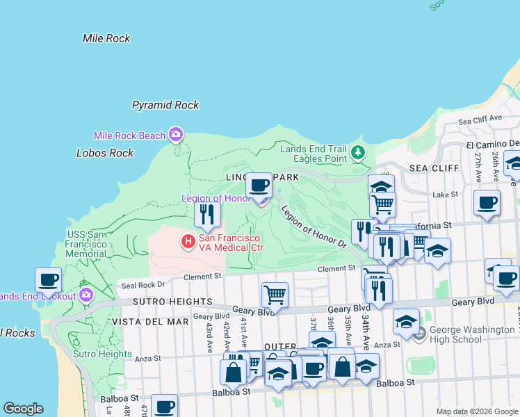 map of restaurants, bars, coffee shops, grocery stores, and more near 100 34th Avenue in San Francisco