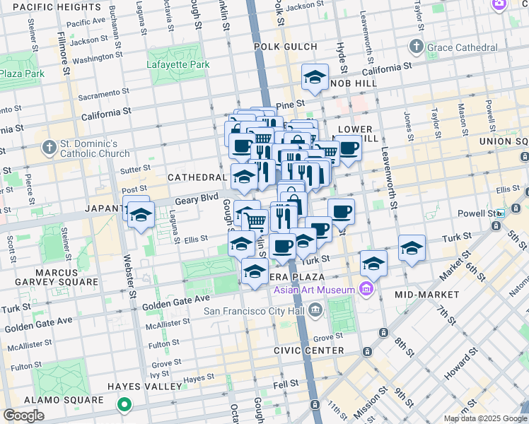 map of restaurants, bars, coffee shops, grocery stores, and more near 1075 O'Farrell Street in San Francisco