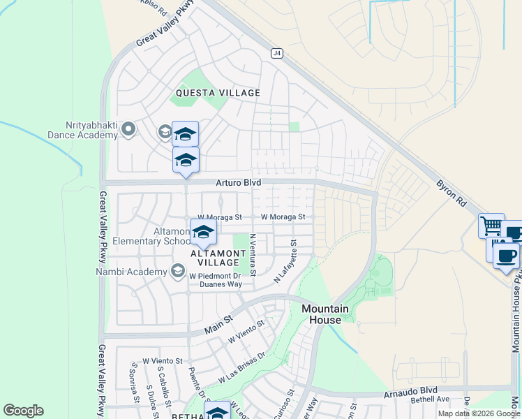 map of restaurants, bars, coffee shops, grocery stores, and more near 451 North Orinda Court in Tracy