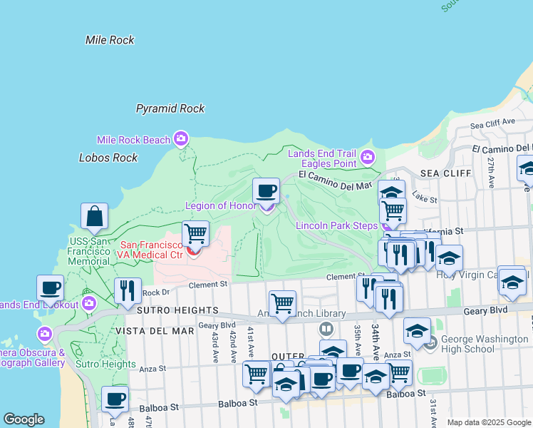 map of restaurants, bars, coffee shops, grocery stores, and more near 100 34th Avenue in San Francisco