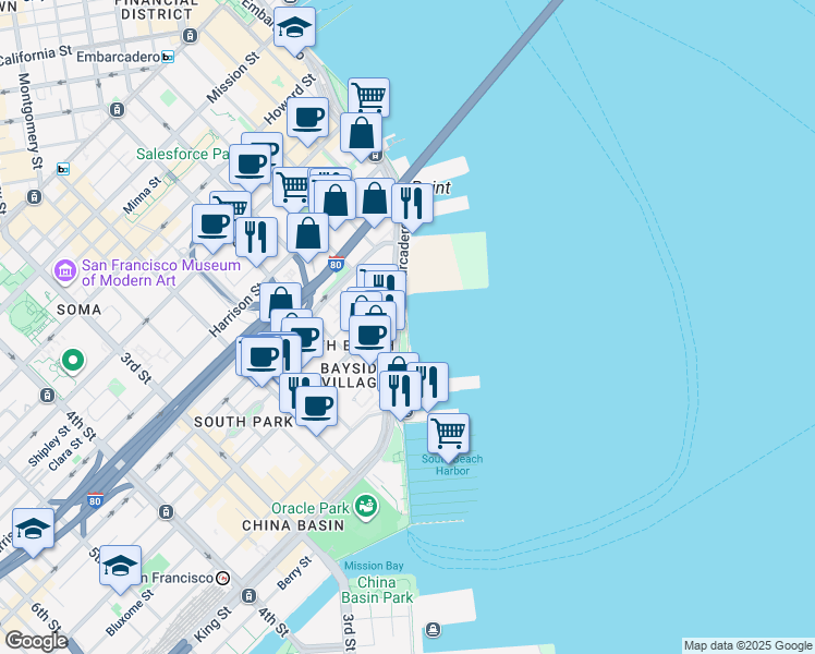 map of restaurants, bars, coffee shops, grocery stores, and more near Brannan Street Wharf in San Francisco