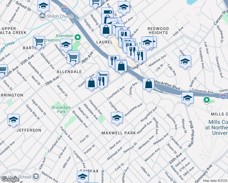 map of restaurants, bars, coffee shops, grocery stores, and more near 3237 Courtland Avenue in Oakland