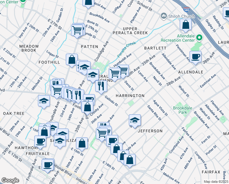 map of restaurants, bars, coffee shops, grocery stores, and more near 2201 35th Avenue in Oakland
