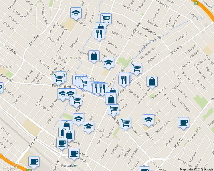 map of restaurants, bars, coffee shops, grocery stores, and more near 2317 Coolidge Avenue in Oakland
