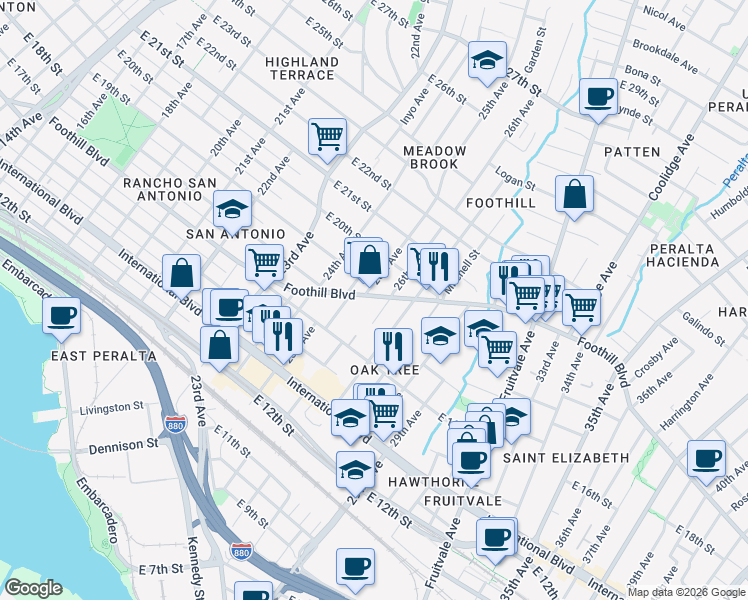 map of restaurants, bars, coffee shops, grocery stores, and more near in Oakland