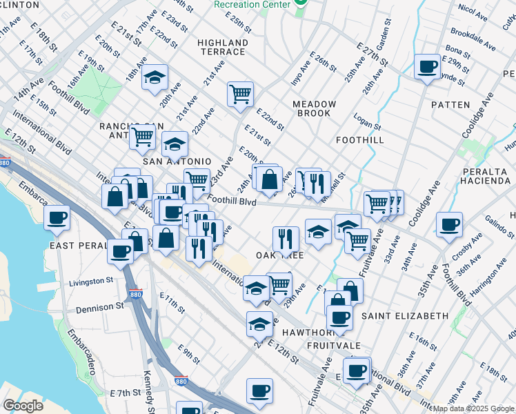 map of restaurants, bars, coffee shops, grocery stores, and more near 2506 Foothill Boulevard in Oakland