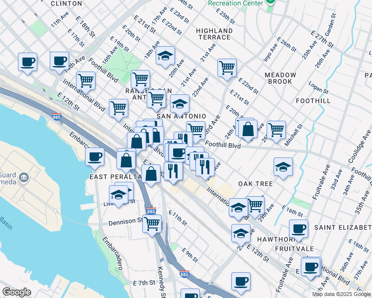 map of restaurants, bars, coffee shops, grocery stores, and more near 1529 23rd Avenue in Oakland