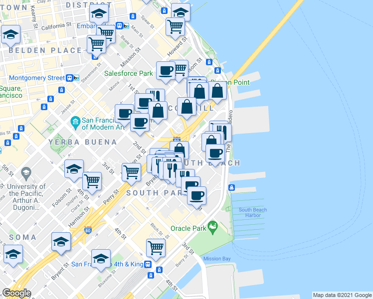 map of restaurants, bars, coffee shops, grocery stores, and more near 501 Delancey Street in San Francisco