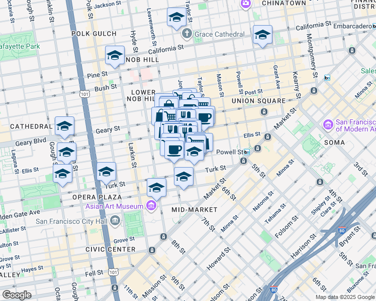 map of restaurants, bars, coffee shops, grocery stores, and more near 440 Ellis Street in San Francisco