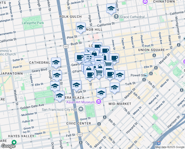map of restaurants, bars, coffee shops, grocery stores, and more near in San Francisco