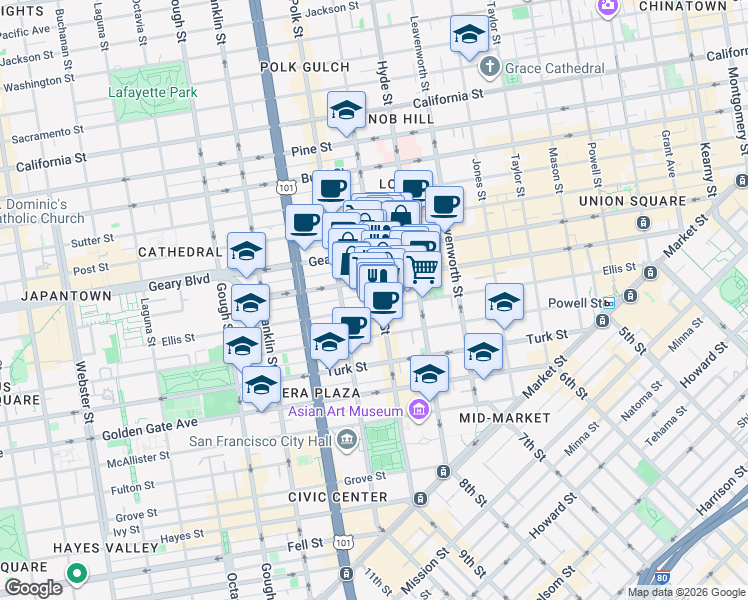 map of restaurants, bars, coffee shops, grocery stores, and more near in San Francisco