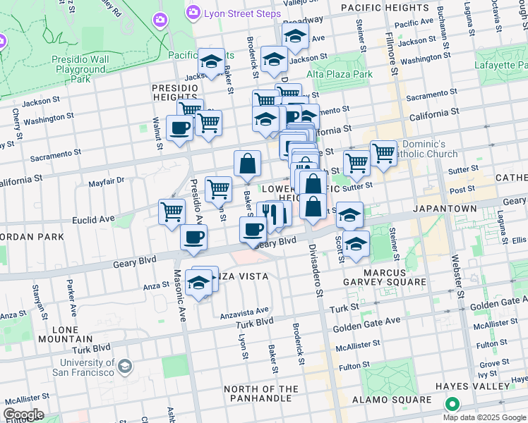 map of restaurants, bars, coffee shops, grocery stores, and more near 2518 Sutter Street in San Francisco