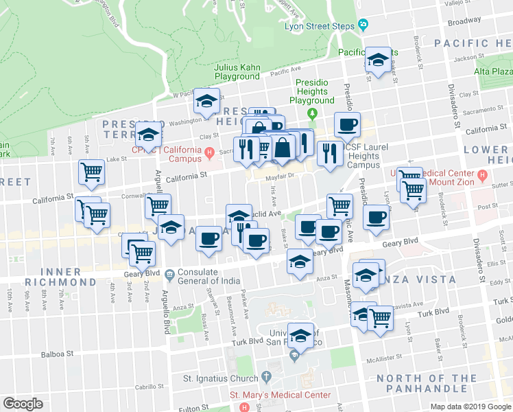 map of restaurants, bars, coffee shops, grocery stores, and more near 38 Heather Avenue in San Francisco