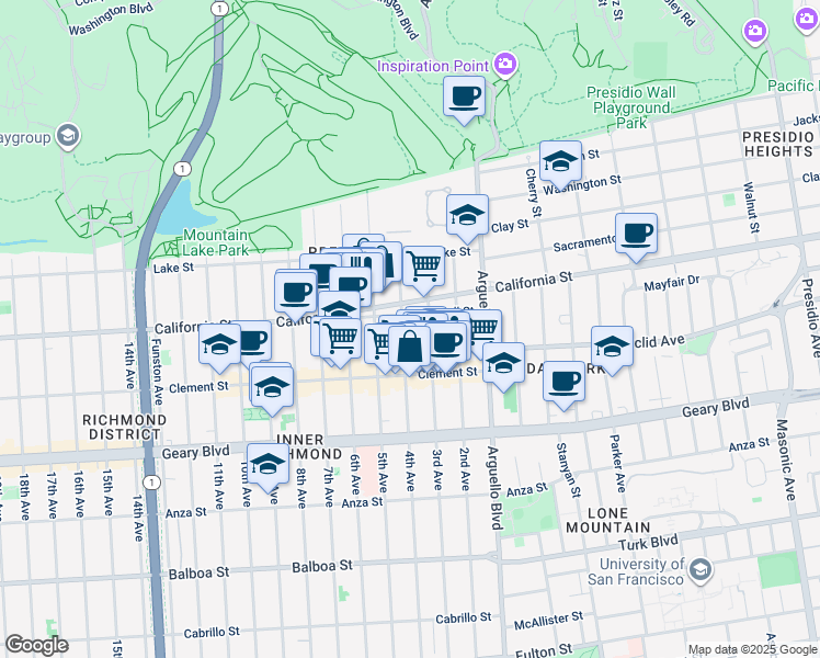 map of restaurants, bars, coffee shops, grocery stores, and more near 4101 California Street in San Francisco