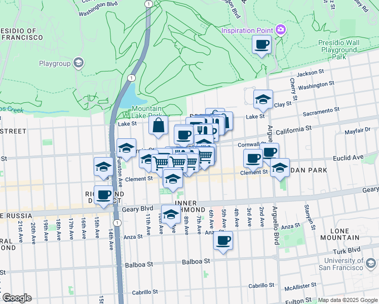 map of restaurants, bars, coffee shops, grocery stores, and more near 4508 California Street in San Francisco