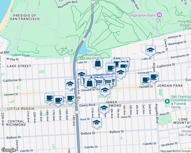 map of restaurants, bars, coffee shops, grocery stores, and more near 179 10th Avenue in San Francisco