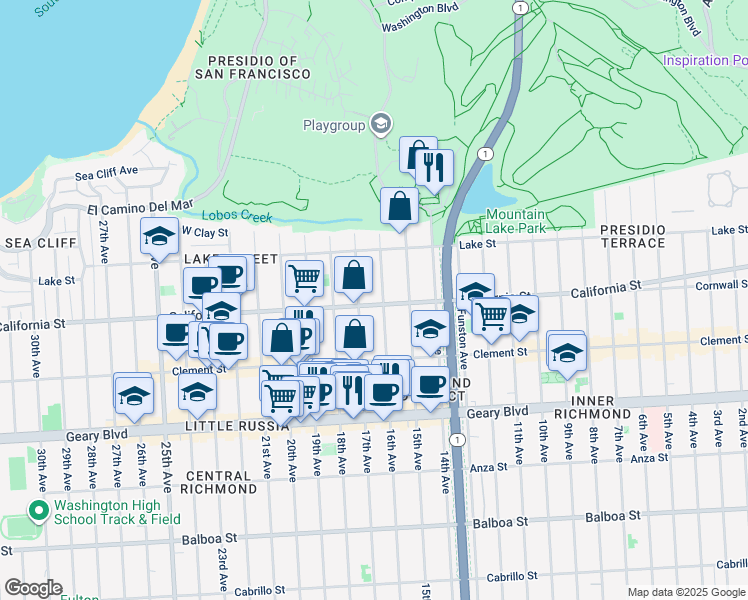map of restaurants, bars, coffee shops, grocery stores, and more near 160 17th Avenue in San Francisco