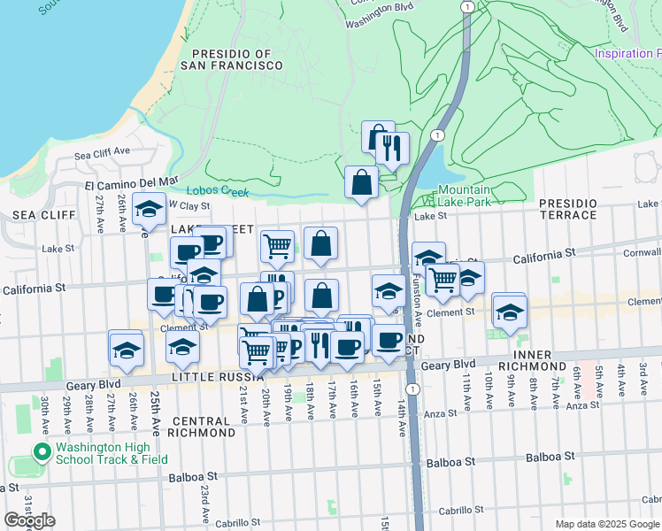 map of restaurants, bars, coffee shops, grocery stores, and more near 160 17th Avenue in San Francisco