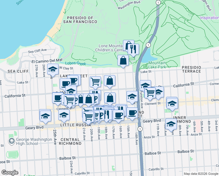 map of restaurants, bars, coffee shops, grocery stores, and more near 160 17th Avenue in San Francisco