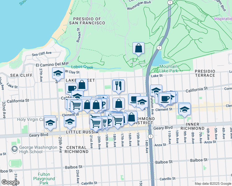 map of restaurants, bars, coffee shops, grocery stores, and more near 160 17th Avenue in San Francisco