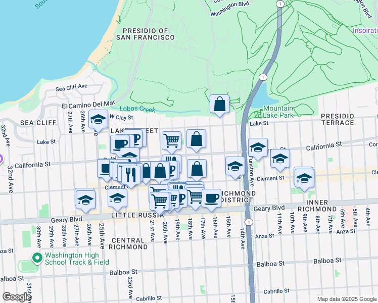 map of restaurants, bars, coffee shops, grocery stores, and more near Lake Street in San Francisco