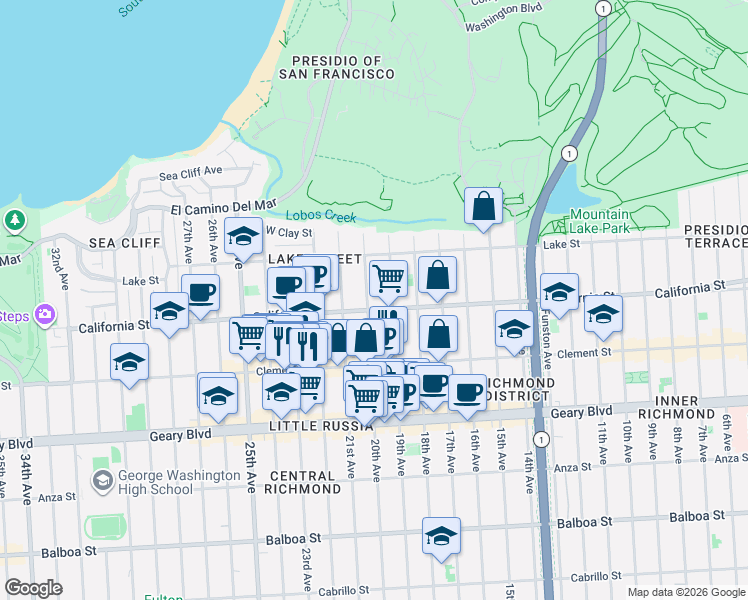map of restaurants, bars, coffee shops, grocery stores, and more near 160 20th Avenue in San Francisco