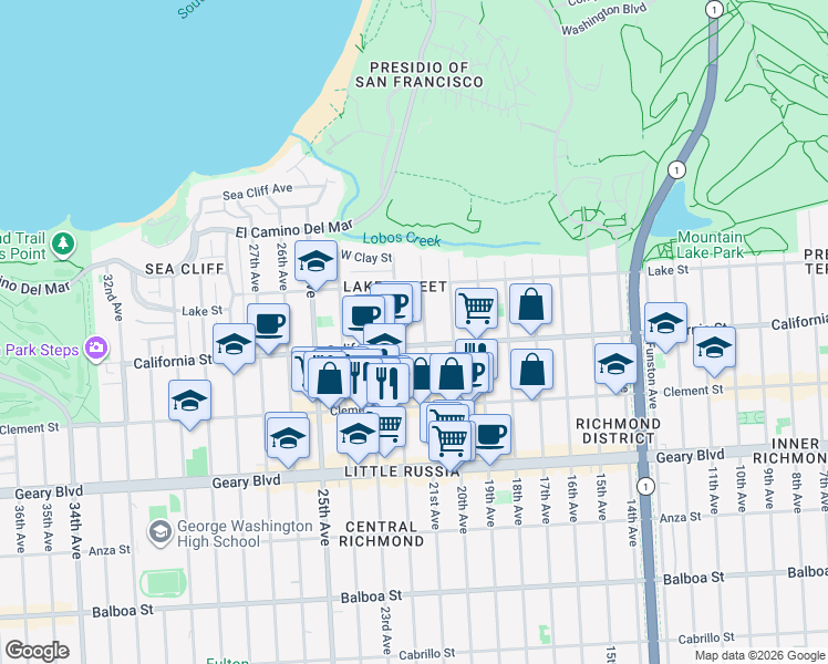 map of restaurants, bars, coffee shops, grocery stores, and more near 149 21st Avenue in San Francisco