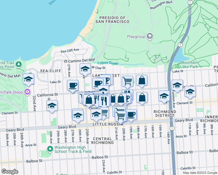 map of restaurants, bars, coffee shops, grocery stores, and more near 149 21st Avenue in San Francisco