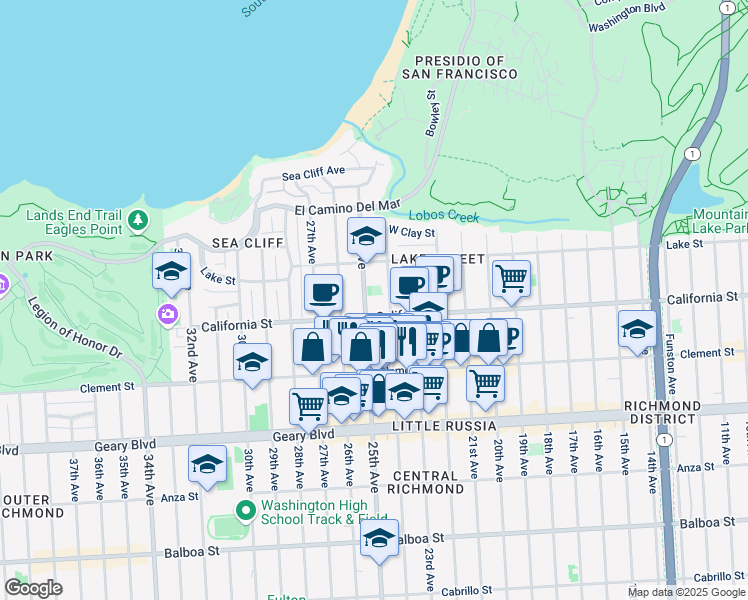 map of restaurants, bars, coffee shops, grocery stores, and more near 240 24th Avenue in San Francisco