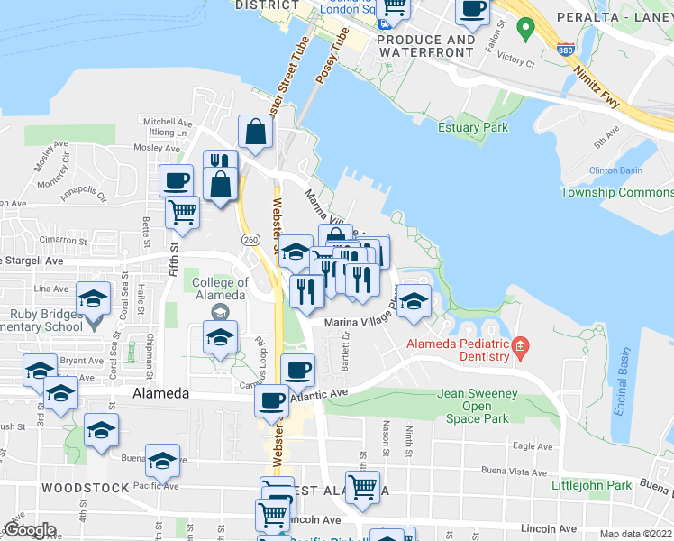 map of restaurants, bars, coffee shops, grocery stores, and more near 1101 Marina Village Parkway in Alameda