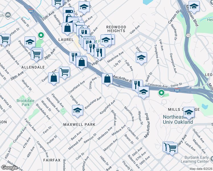 map of restaurants, bars, coffee shops, grocery stores, and more near 4535 Redding Street in Oakland