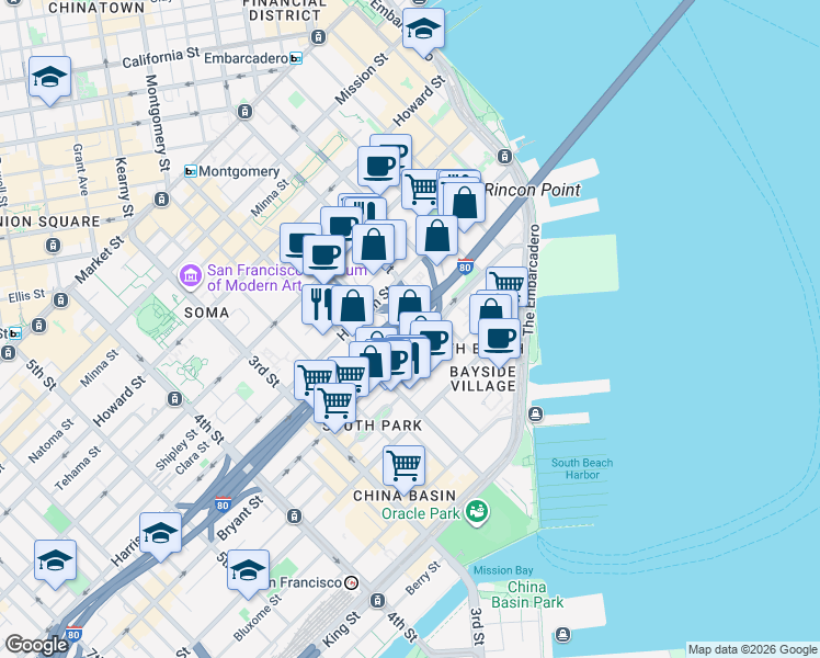 map of restaurants, bars, coffee shops, grocery stores, and more near 1 Rincon Street in San Francisco