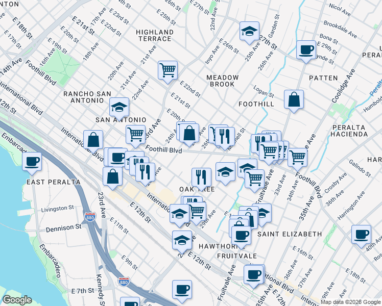 map of restaurants, bars, coffee shops, grocery stores, and more near in Oakland