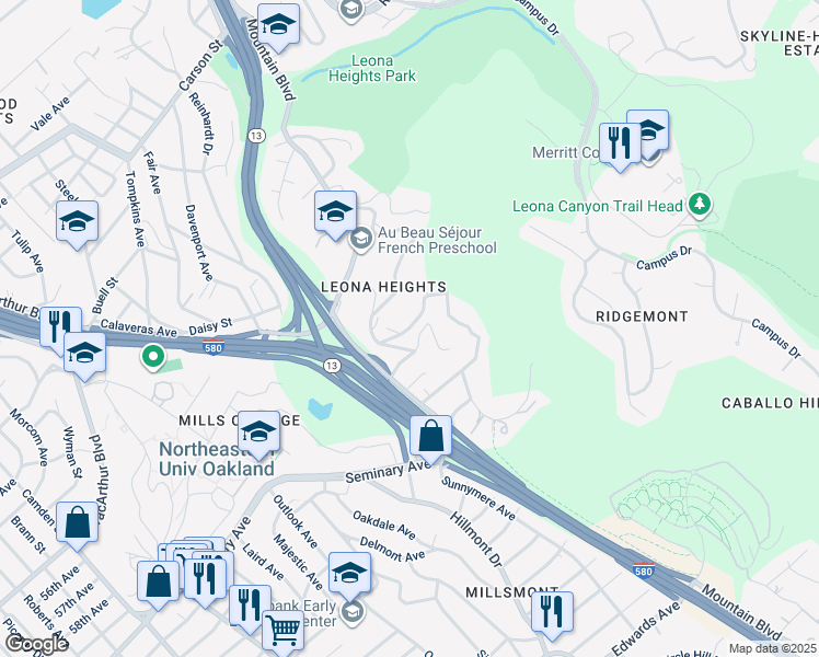 map of restaurants, bars, coffee shops, grocery stores, and more near Mountain View Avenue in Oakland