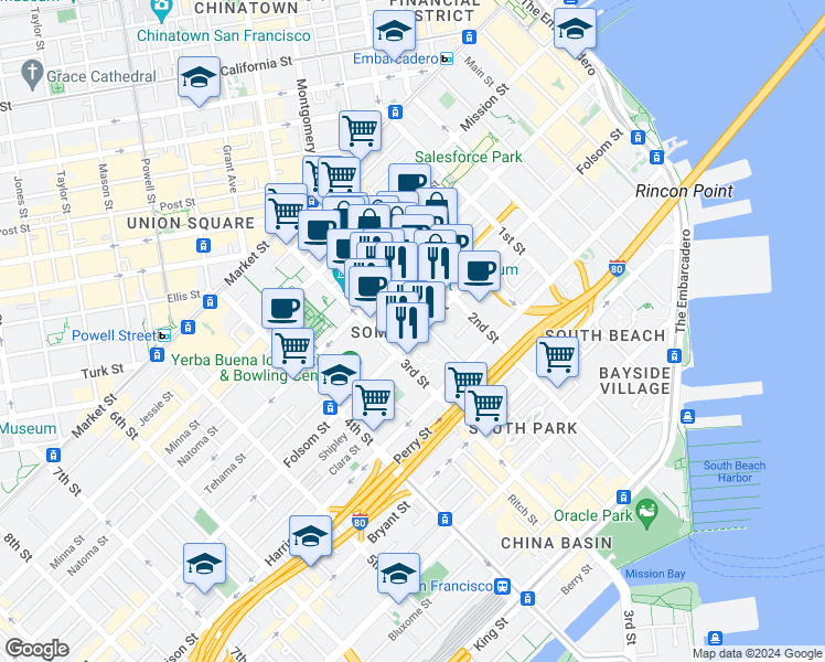 map of restaurants, bars, coffee shops, grocery stores, and more near 680 Folsom Street in San Francisco
