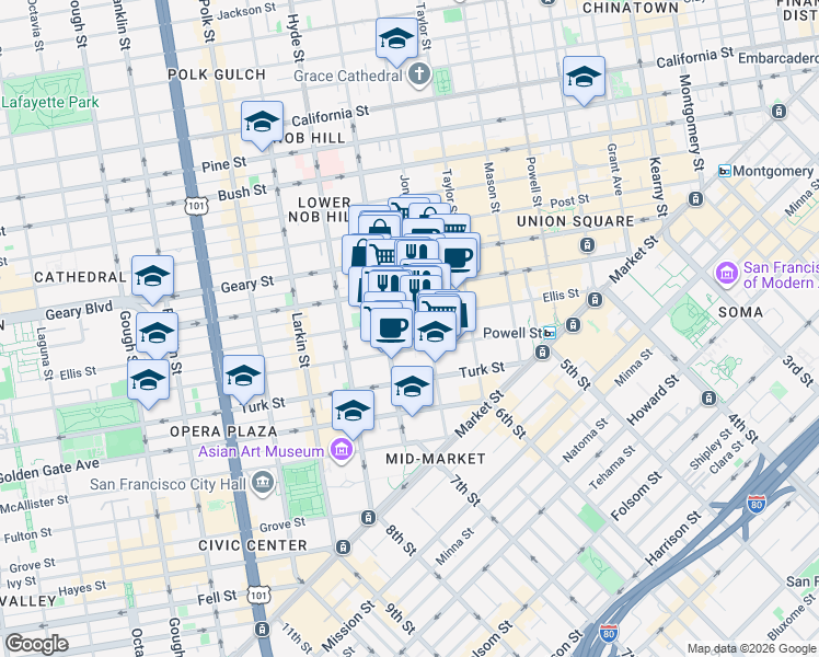 map of restaurants, bars, coffee shops, grocery stores, and more near 441 Ellis Street in San Francisco