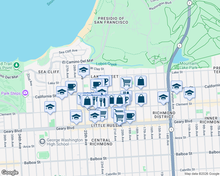 map of restaurants, bars, coffee shops, grocery stores, and more near 149 21st Avenue in San Francisco