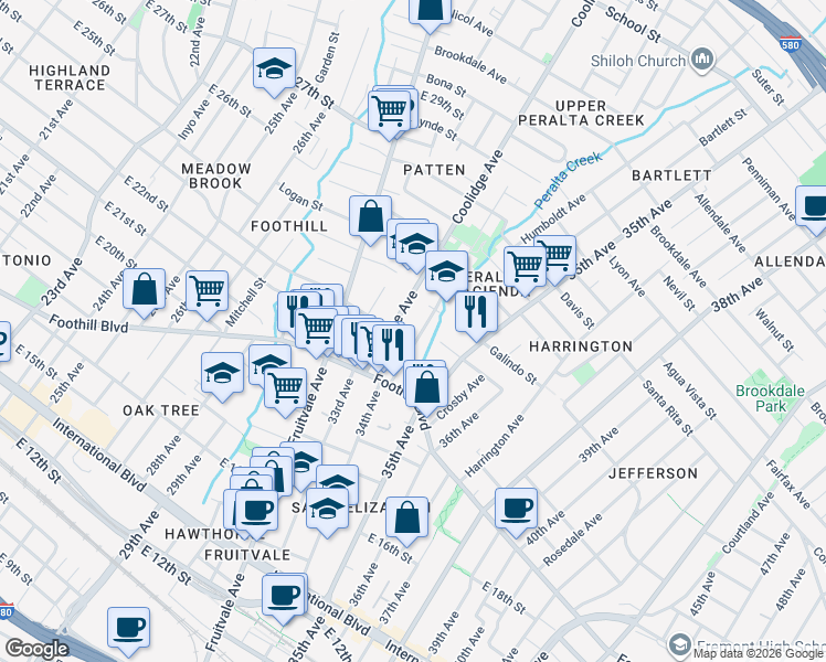 map of restaurants, bars, coffee shops, grocery stores, and more near 2317 Coolidge Avenue in Oakland
