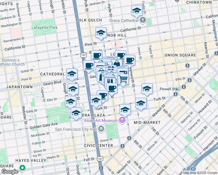 map of restaurants, bars, coffee shops, grocery stores, and more near in San Francisco