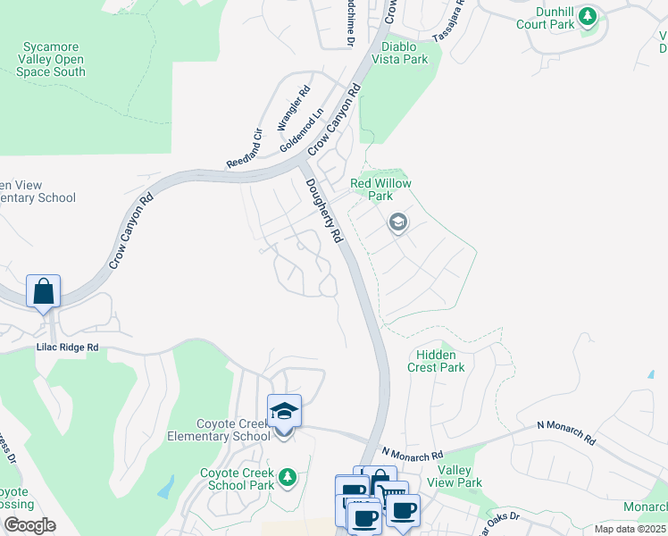 map of restaurants, bars, coffee shops, grocery stores, and more near 461 South Clovercrest Lane in San Ramon