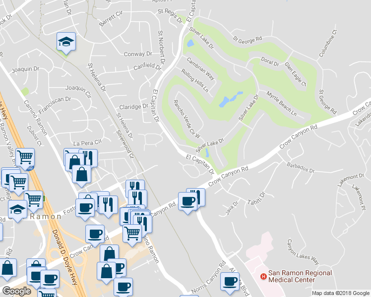 map of restaurants, bars, coffee shops, grocery stores, and more near 2007 Saint George Road in Danville
