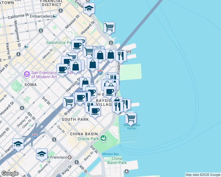 map of restaurants, bars, coffee shops, grocery stores, and more near 160 Brannan Street in San Francisco