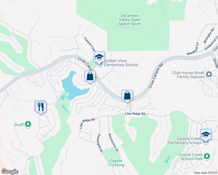 map of restaurants, bars, coffee shops, grocery stores, and more near 2070 Canyon Crest Avenue in San Ramon