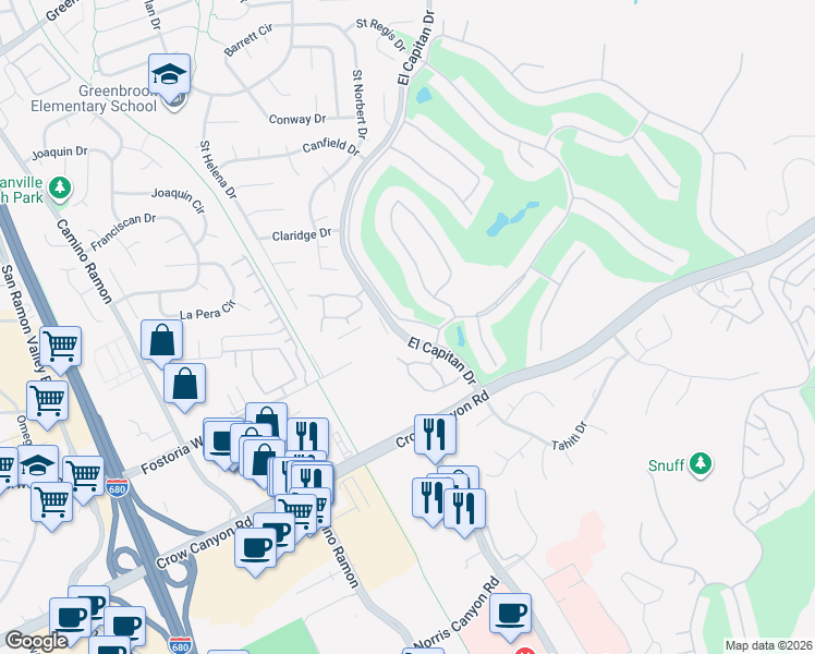 map of restaurants, bars, coffee shops, grocery stores, and more near 2003 Saint George Road in Danville
