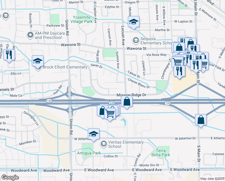 map of restaurants, bars, coffee shops, grocery stores, and more near 878 Snowgoose Lane in Manteca