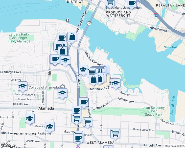map of restaurants, bars, coffee shops, grocery stores, and more near 1101 Marina Village Parkway in Alameda