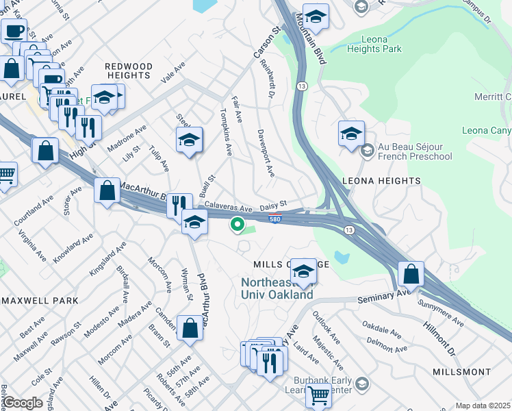 map of restaurants, bars, coffee shops, grocery stores, and more near 4791 Fair Avenue in Oakland