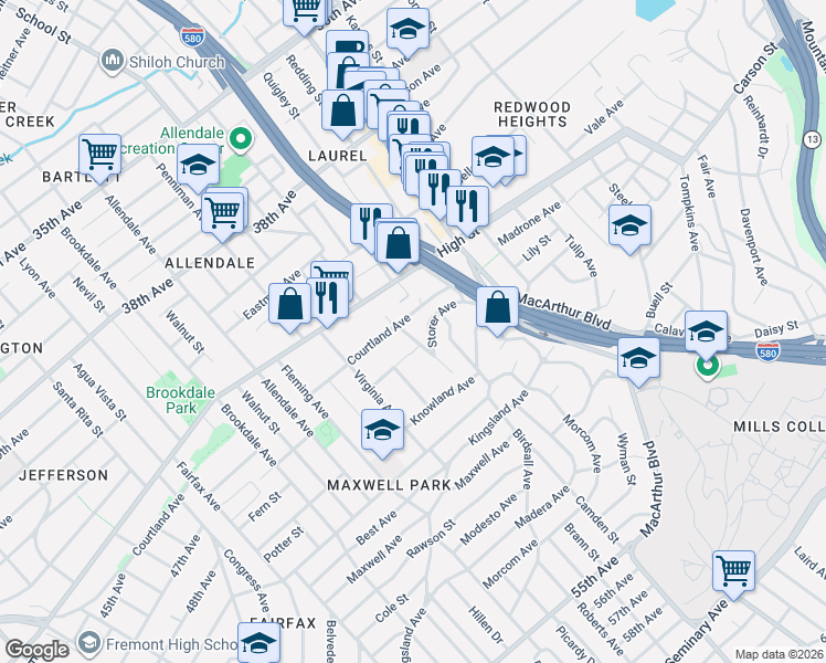 map of restaurants, bars, coffee shops, grocery stores, and more near 3307 Storer Avenue in Oakland